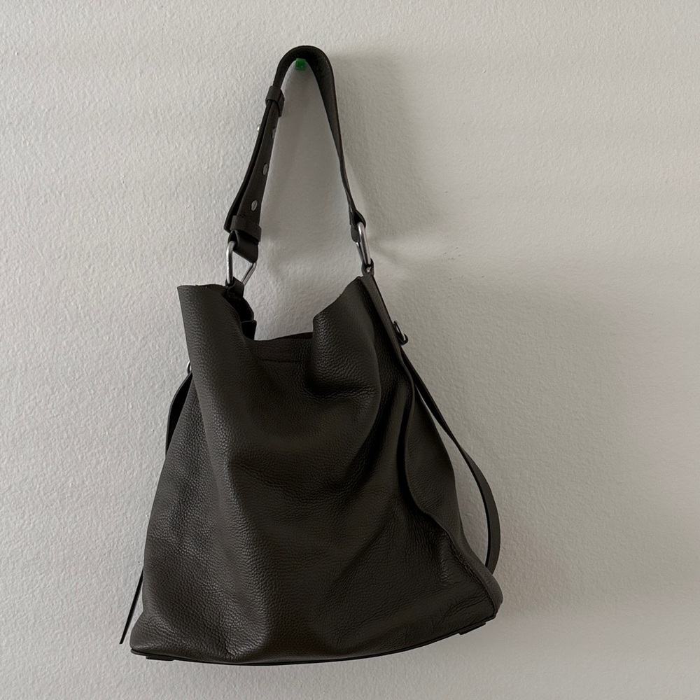 All Saints Dark Leather Hobo Bag- color is olive